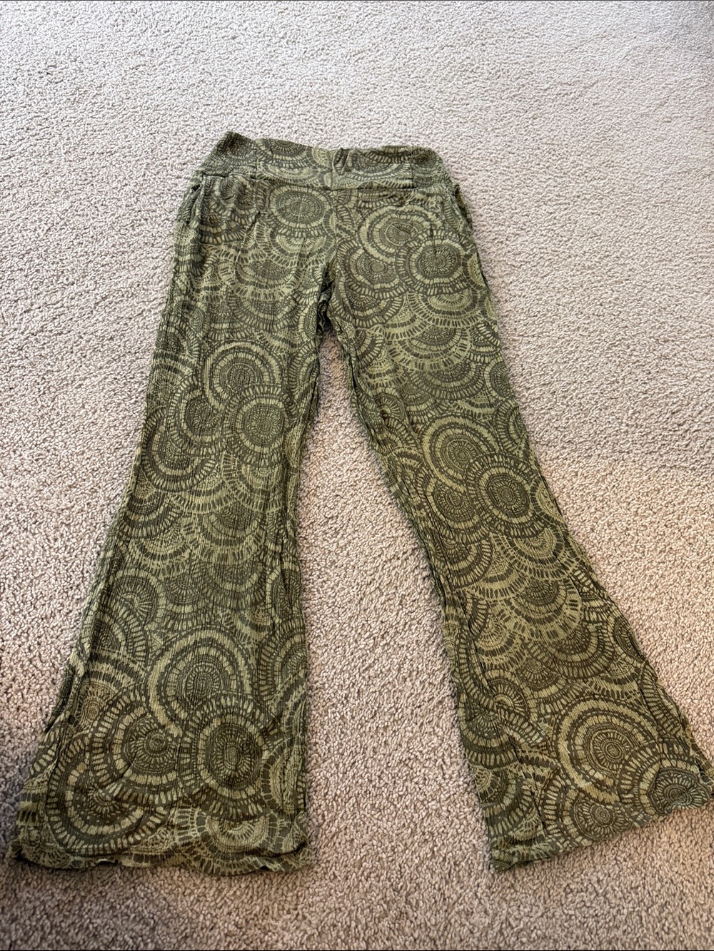 Olive Green Patterned Flare Pants with pockets